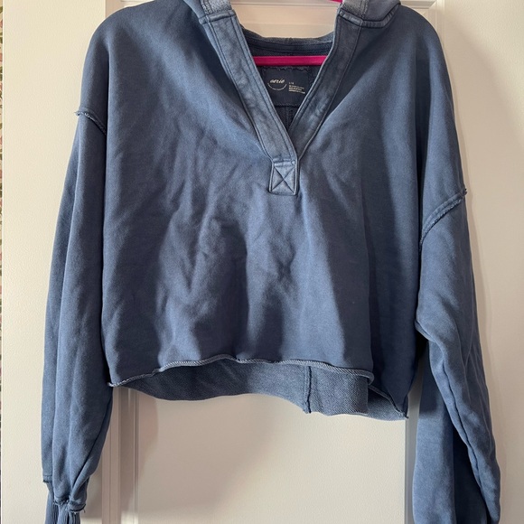 aerie Tops - Aerie Blue Gray Cropped Hoodie with Polo Collar